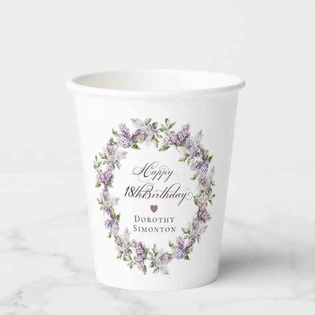 Personalised 18th Birthday Purple Lilac Flower Paper Cups (Front)