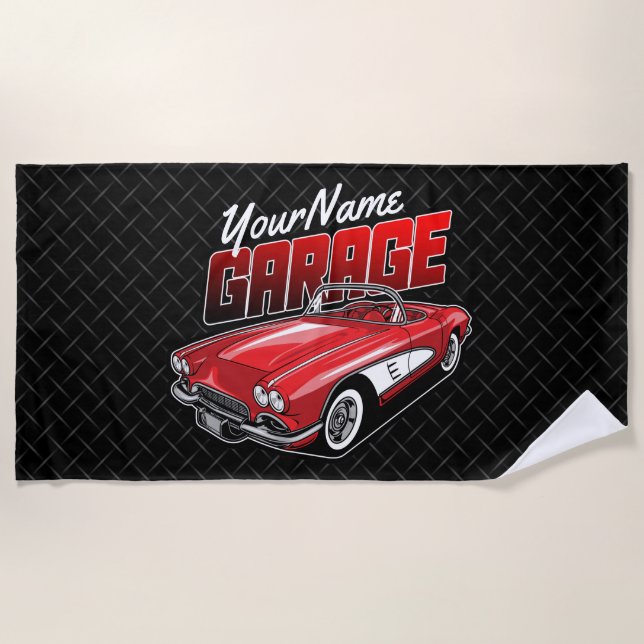 Personalised 1961 C1 Red Classic Sports Car Garage Beach Towel (Front)