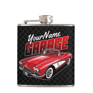 Personalised 1961 C1 Red Classic Sports Car Garage Hip Flask