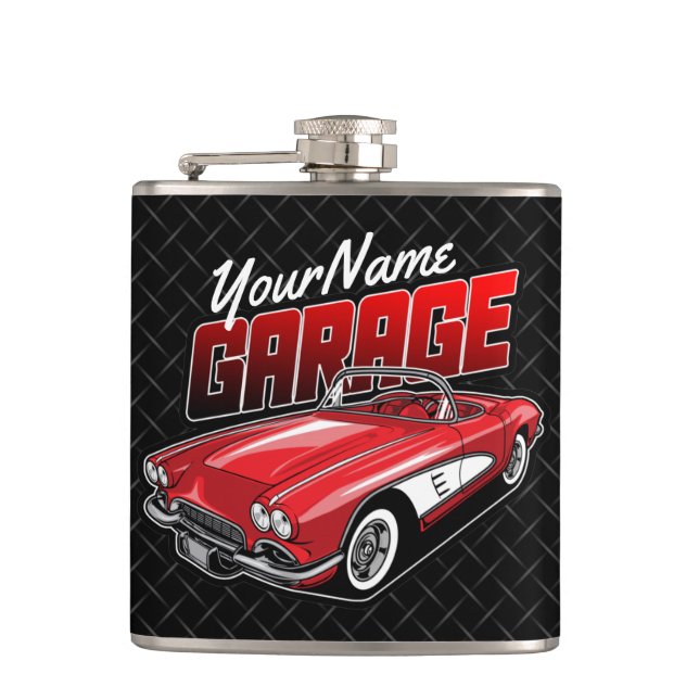 Personalised 1961 C1 Red Classic Sports Car Garage Hip Flask (Front)
