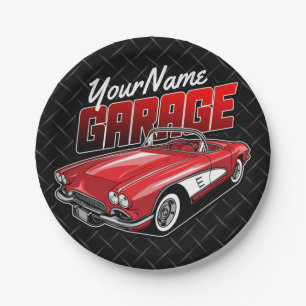 Personalised 1961 C1 Red Classic Sports Car Garage Paper Plate