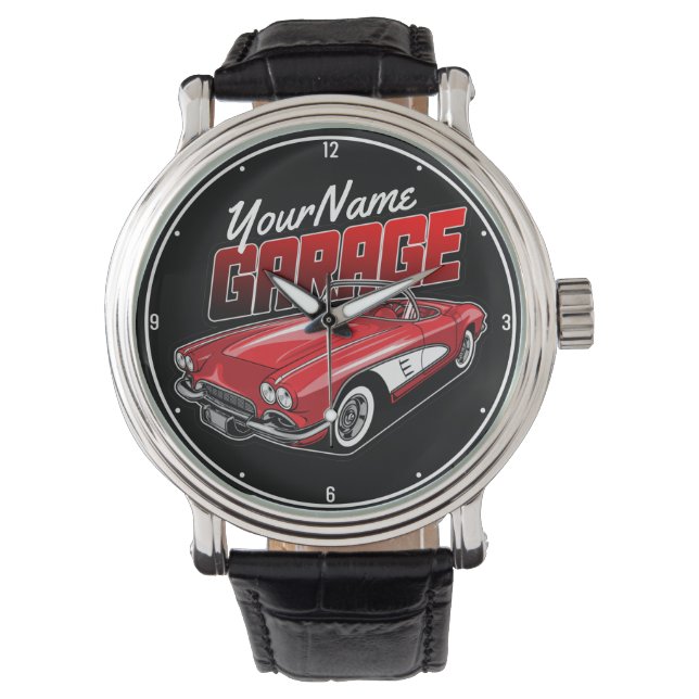 Personalised 1961 C1 Red Classic Sports Car Garage Watch (Front)
