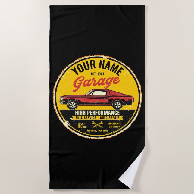 Personalised 1967 Fastback Red Classic Car Garage  Beach Towel (Front)