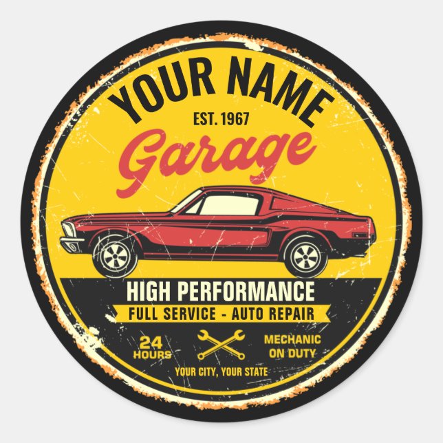 Personalised 1967 Fastback Red Classic Car Garage Classic Round Sticker (Front)