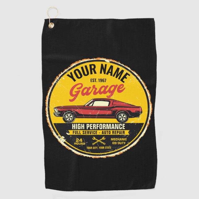 Personalised 1967 Fastback Red Classic Car Garage  Golf Towel (Front)