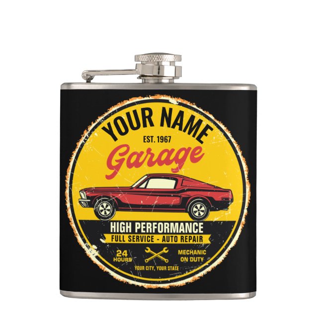 Personalised 1967 Fastback Red Classic Car Garage  Hip Flask (Front)