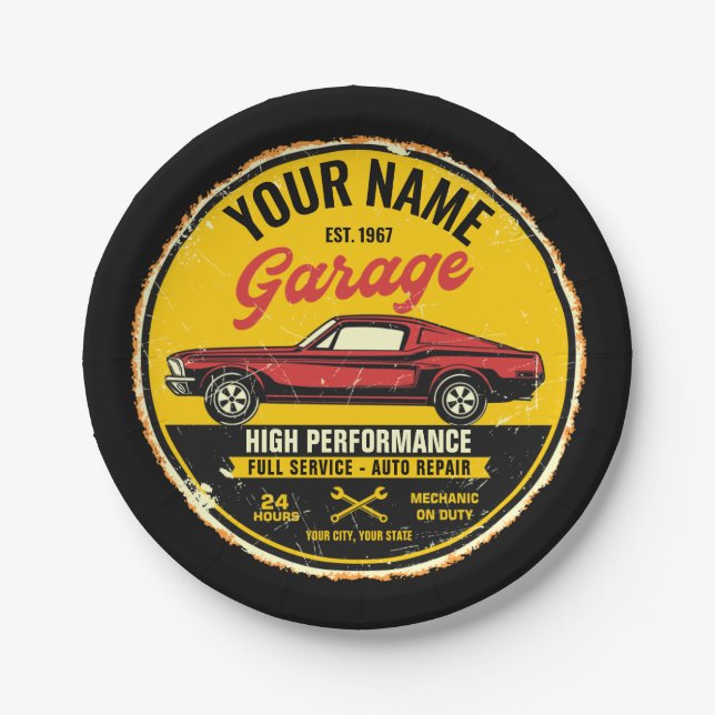 Personalised 1967 Fastback Red Classic Car Garage  Paper Plate (Front)