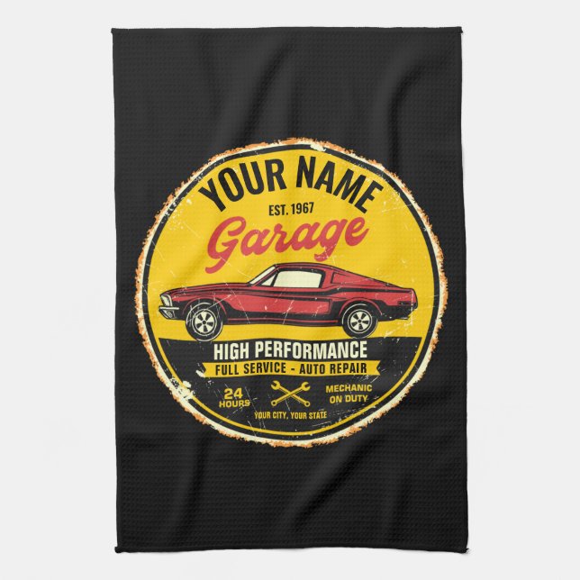 Personalised 1967 Fastback Red Classic Car Garage  Tea Towel (Vertical)