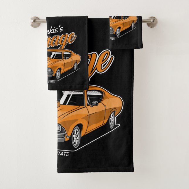 Personalised 1968 396 Classic Muscle Car Garage Bath Towel Set (Insitu)