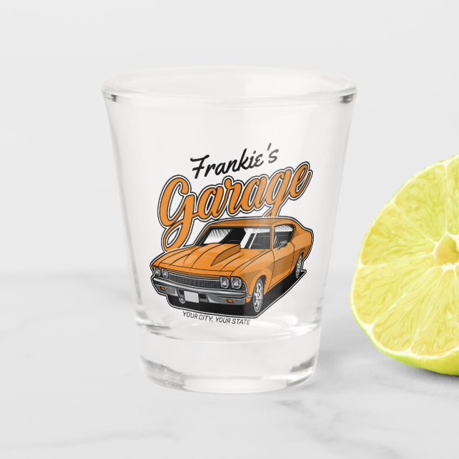 Personalised 1968 396 Classic Muscle Car Garage Shot Glass (Front)