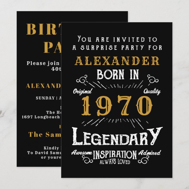 Personalised 1970 Birthday Black Gold Retro Legend Invitation (Front/Back)