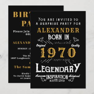 Personalised 1970 Birthday Black Gold Retro Legend Invitation