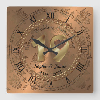 Personalised 19th Bronze Anniversary Gift Idea Square Wall Clock