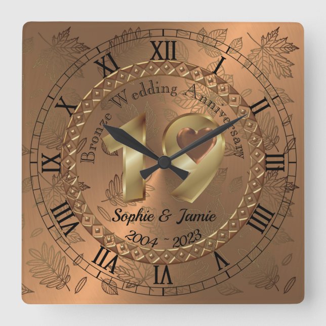 Personalised 19th Bronze Anniversary Gift Idea Square Wall Clock (Front)