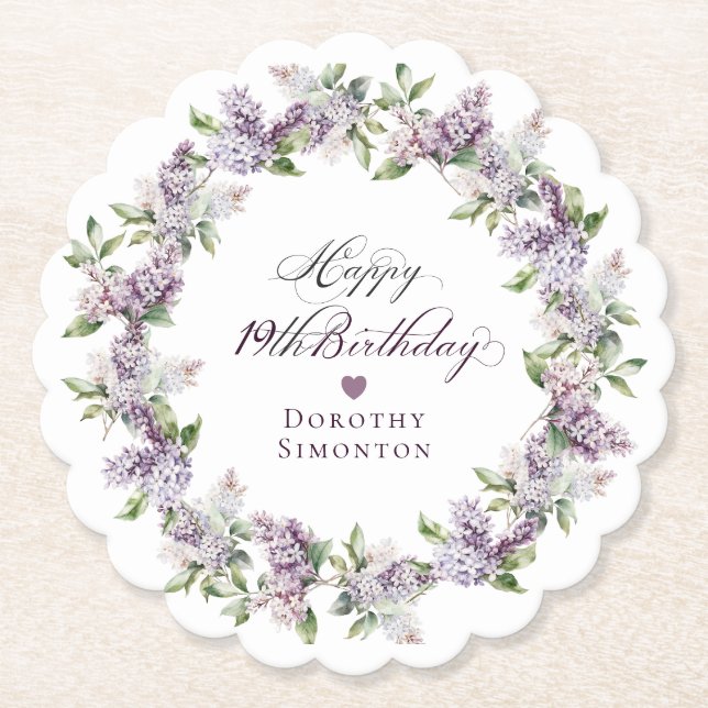 Personalised 19th Purple Lilac Flower Paper Coaster (Front)