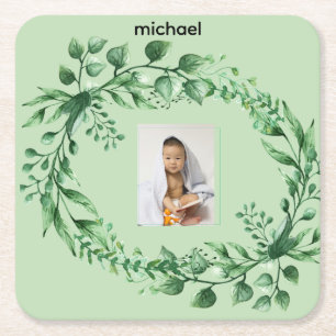Personalised 1-image Eucalyptus Leaves Square Paper Coaster