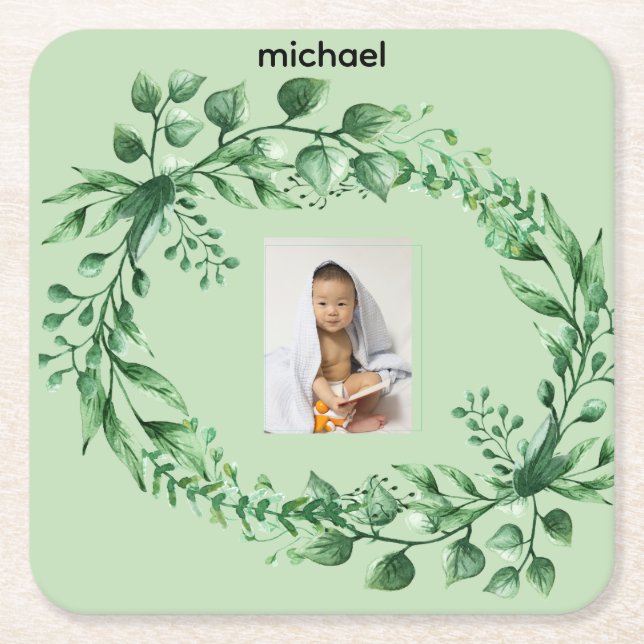 Personalised 1-image Eucalyptus Leaves Square Paper Coaster (Front)