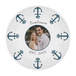 Personalised 1-Photo Blue Anchors & Sea Shells Cutting Board