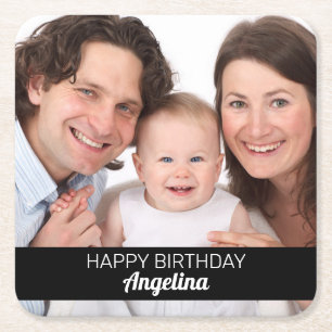 Personalised 1 Photo Happy Birthday Add Name Square Paper Coaster
