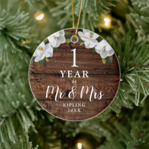 Personalised 1 Year Anniversary as Mr & Mrs Rustic Ceramic Tree Decoration