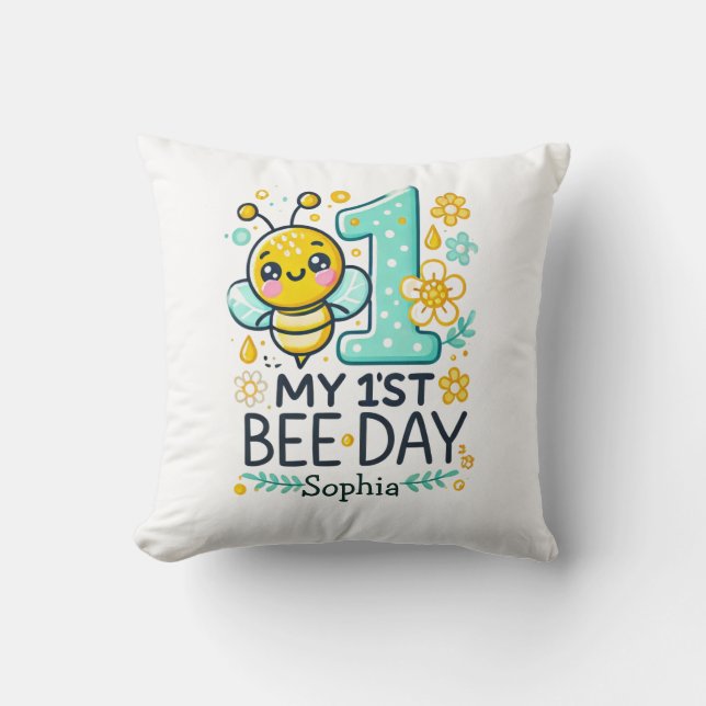 Personalised 1st Bee Day Birthday Cushion (Front)