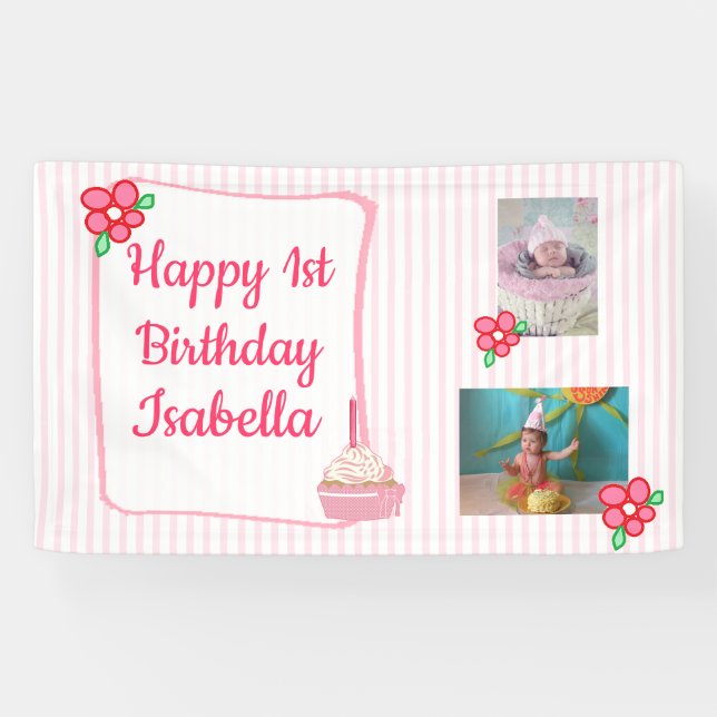Personalised 1st Birthday Banner for Girl's Pink (Horizontal)