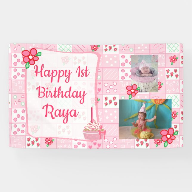 Personalised 1st Birthday Banner for Girl's Pink (Horizontal)