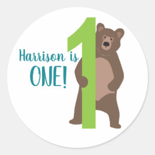 Personalised 1st Birthday Modern Bear Favour Bag Classic Round Sticker