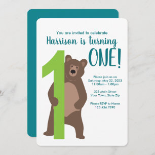 Personalised 1st Birthday Modern Bear Invitation