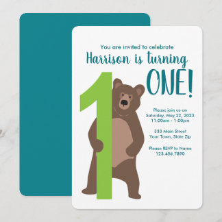 Personalised 1st Birthday Modern Bear Invitation