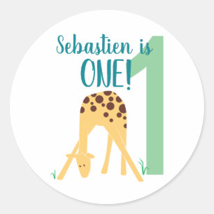 Personalised 1st Birthday Modern Yellow Giraffe Classic Round Sticker