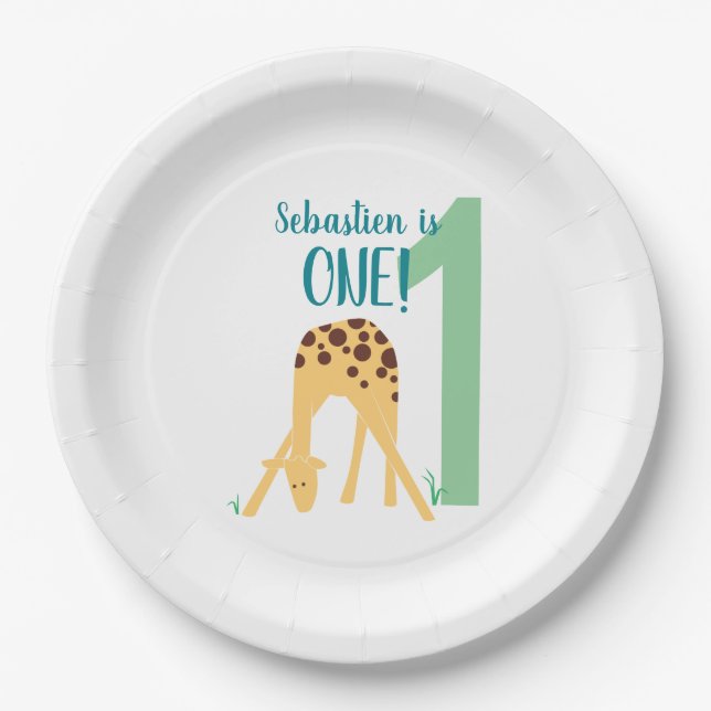 Personalised 1st Birthday Modern Yellow Giraffe Paper Plate (Front)