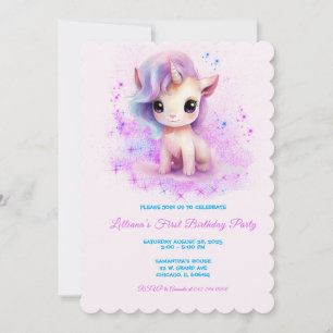 Personalised  1st Birthday Pink and Purple Unicorn Invitation