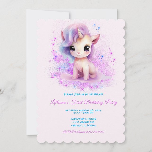 Personalised  1st Birthday Pink and Purple Unicorn Invitation (Front)