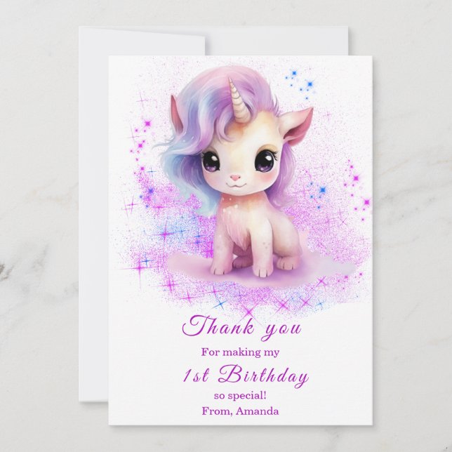 Personalised  1st Birthday Pink and Purple Unicorn Thank You Card (Front)