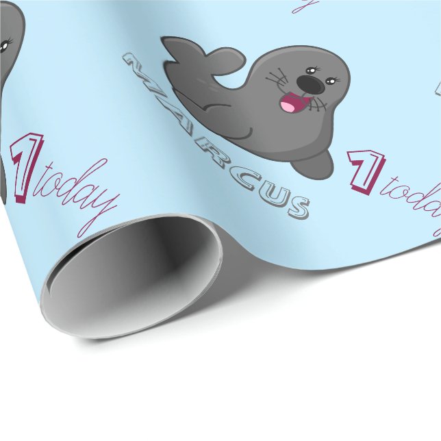 Personalised 1st Birthday Sea Lion - Baby Seal Wrapping Paper (Roll Corner)