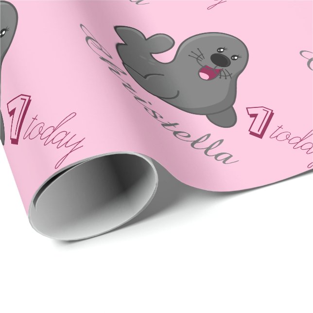 Personalised 1st Birthday Sea Lion - Baby Seal Wrapping Paper (Roll Corner)