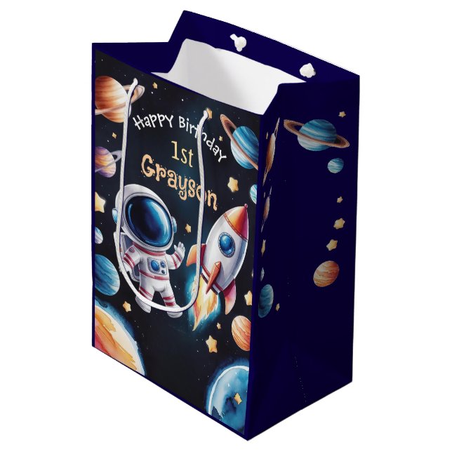 Personalised 1st Birthday Space-Themed Gift Bag (Front Angled)