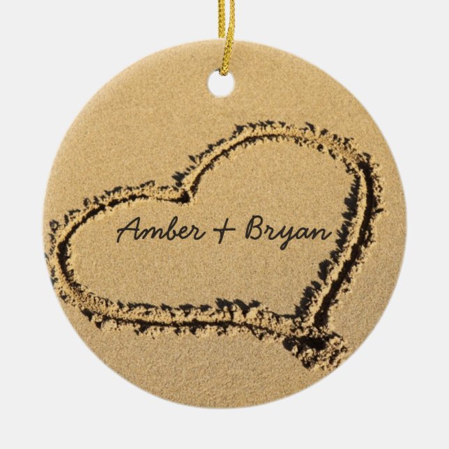 Personalised 1st Christmas Heart on Beach Wedding Ceramic Tree Decoration (Front)