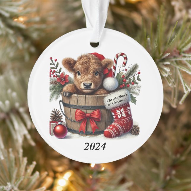 Personalised 1st Christmas Highland Cow Acrylic Ornament (Tree)