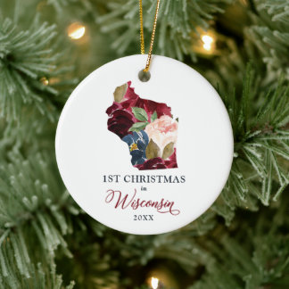 Personalised 1st Christmas in Wisconsin State WI Ceramic Tree Decoration