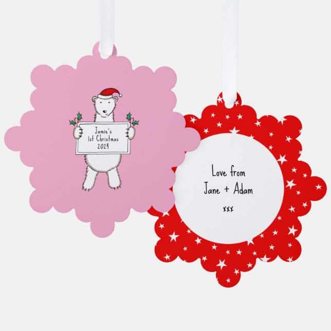 Personalised 1st Christmas Polar Bear  Tree Decoration Card (Front/Back)