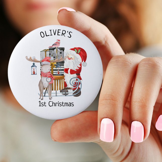 Personalised 1st Christmas Santa and Reindeer 6 Cm Round Badge (Pin Button Badge for baby's 1st christmas)