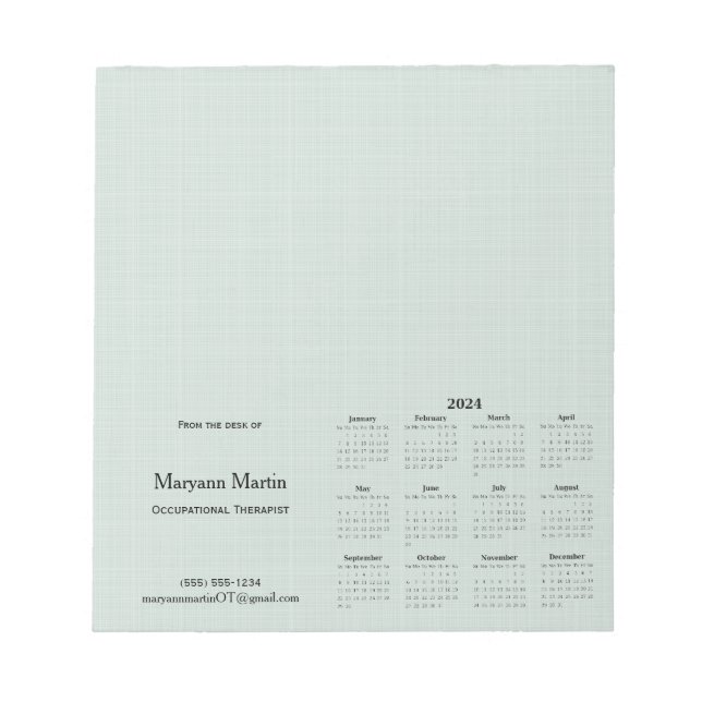 Personalised 2024 Monthly Calendar Green Linen Notepad (Front)