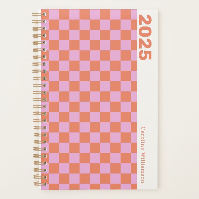 Personalised 2025 Retro Pink Orange Chequerboard Planner (Front)