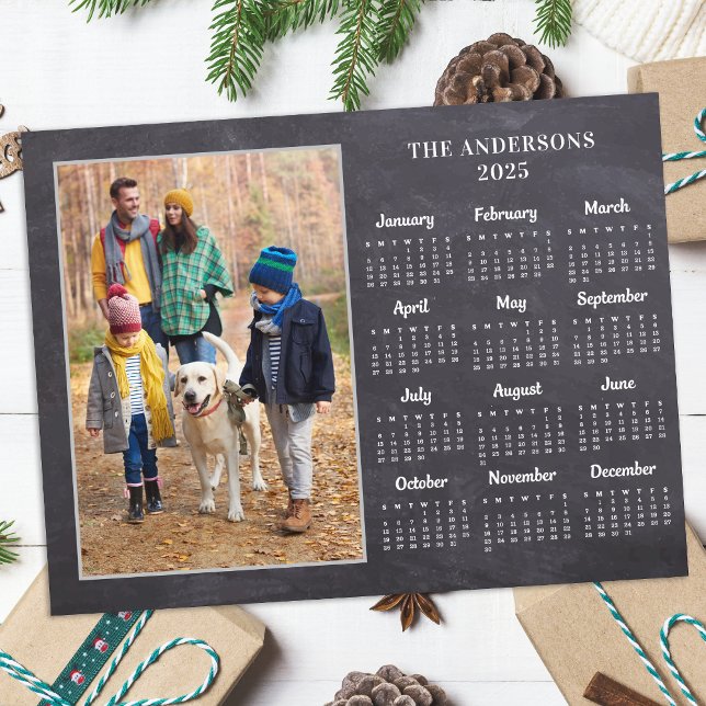 Personalised 2026 Rustic Chalkboard Photo Calendar Holiday Postcard (Creator Uploaded)