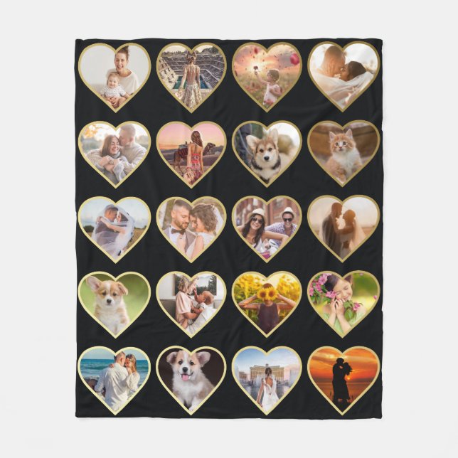 Personalised 20 Golden Heart Photo Collage Fleece Blanket (Front)