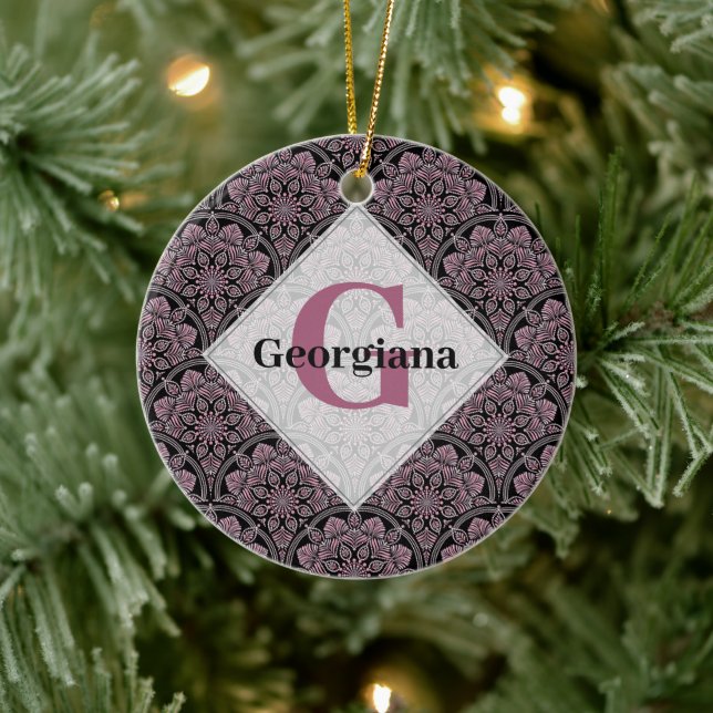 Personalised 20s Dusky Rose Floral Fronds Mandala Ceramic Tree Decoration (Tree)