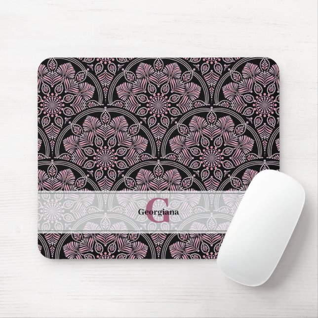 Personalised 20s Dusky Rose Floral Fronds Mandala Mouse Mat (With Mouse)