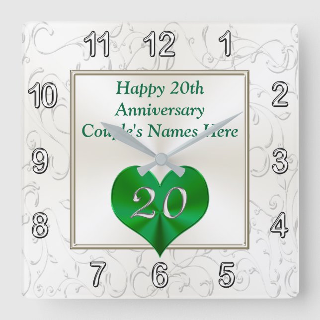 Personalised 20th Anniversary Gifts, 20th Birthday Square Wall Clock (Front)